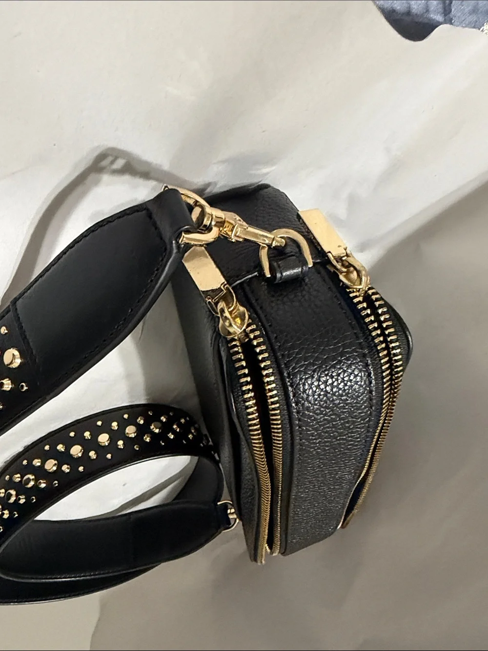 Michael Kors Black Pebbled Leather Crossbody Camera Bag with Gold Stud Strap